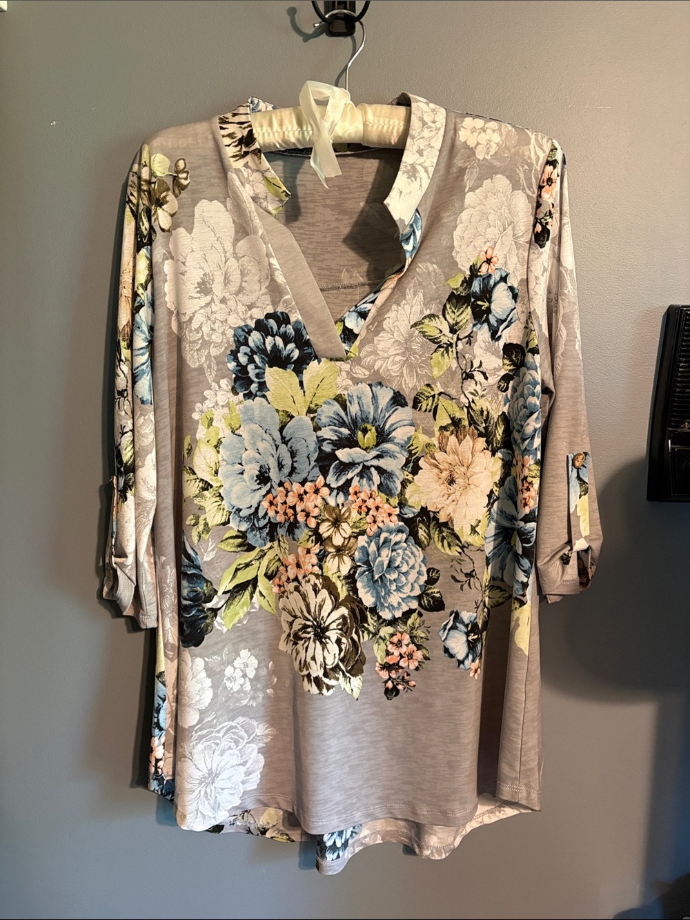 Dry Goods Floral V-Neck Tunic - Gray with Blue & Cream Flowers